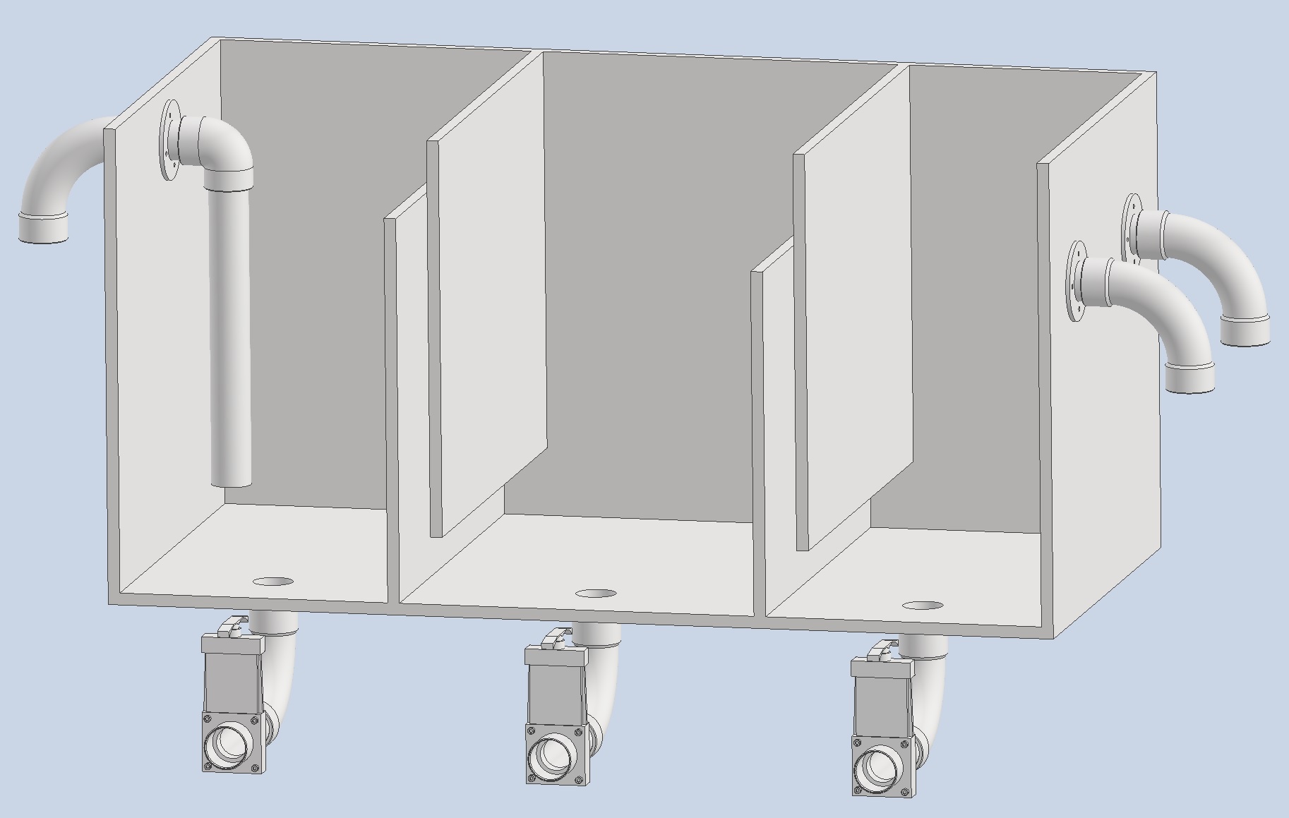 Vue en coupe d’une modélisation 3D d’un ensemble de filtration multichambre.